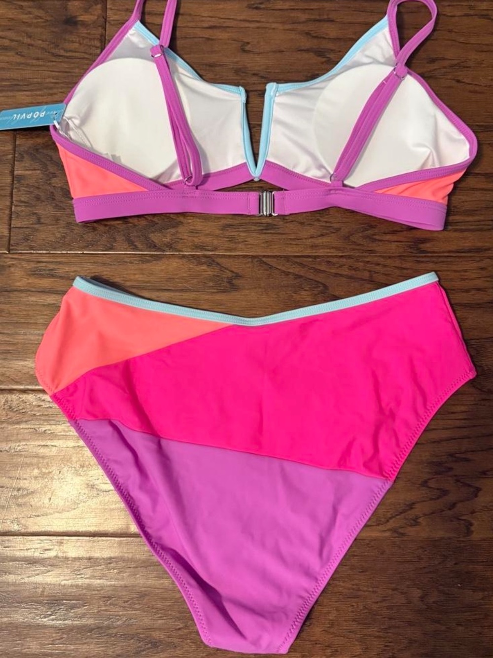 Colorblock V-Notch Bikini Set in Neon Pink, Coral & Lavender - Picture 6 of 7